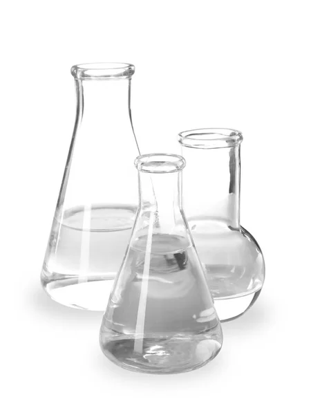 Flasks Liquid White Background Laboratory Analysis Equipment — Stock Photo, Image