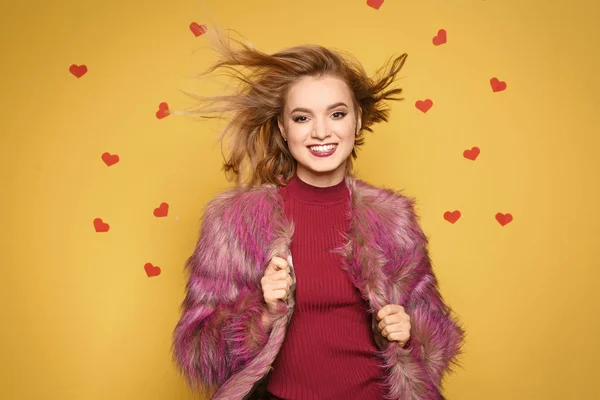 Beautiful Young Woman Fur Coat Posing Color Background — Stock Photo, Image