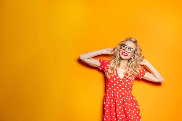 Stylish Young Woman Glasses Posing Color Background — Stock Photo, Image