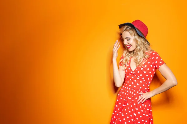 Stylish Young Woman Hat Posing Color Background — Stock Photo, Image