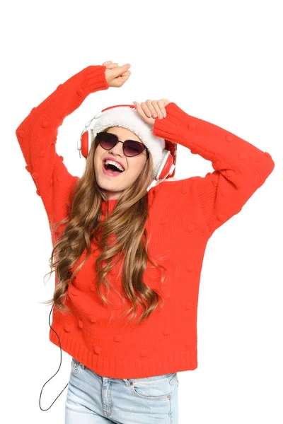 Happy Young Woman Listening Christmas Music White Background — Stock Photo, Image