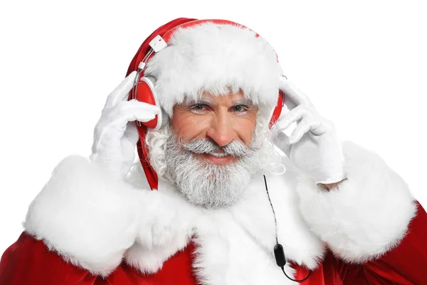 Noel Baba Noel Müzik Beyaz Arka Plan Üzerinde Dinlemek — Stok fotoğraf