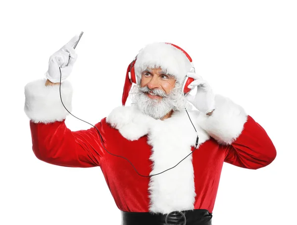 Papai Noel Ouvindo Música Natal Fundo Branco — Fotografia de Stock