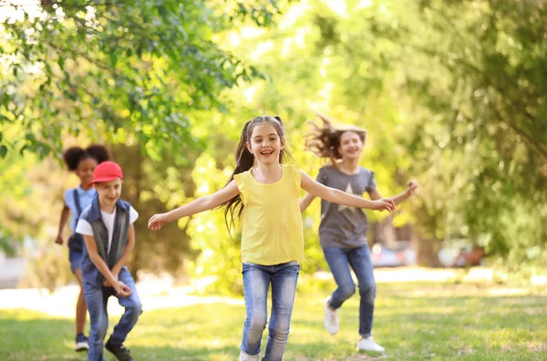 Lindos Niños Pequeños Jugando Juntos Aire Libre Día Soleado —  Fotos de Stock