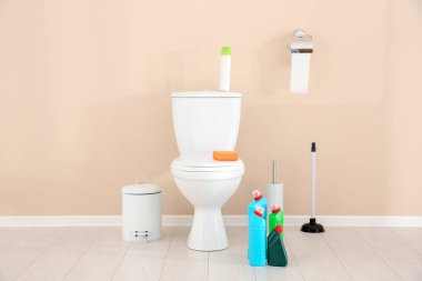 Seramik Klozet, deterjan ve temizlik malzemeleri modern banyo içinde şişe