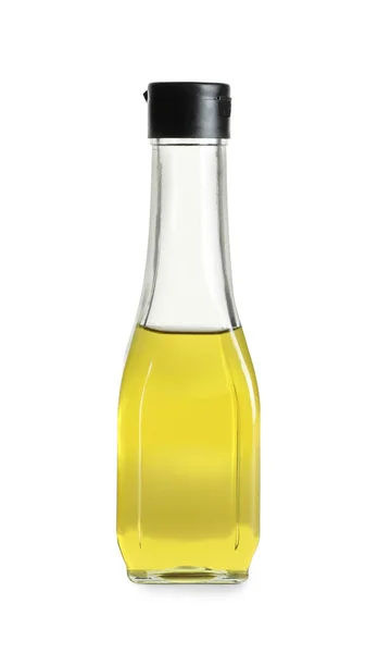 Bouteille Verre Avec Huile Olive Fraîche Sur Fond Blanc — Photo