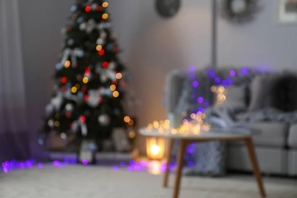 Vista Turva Sala Estar Com Bela Árvore Natal — Fotografia de Stock