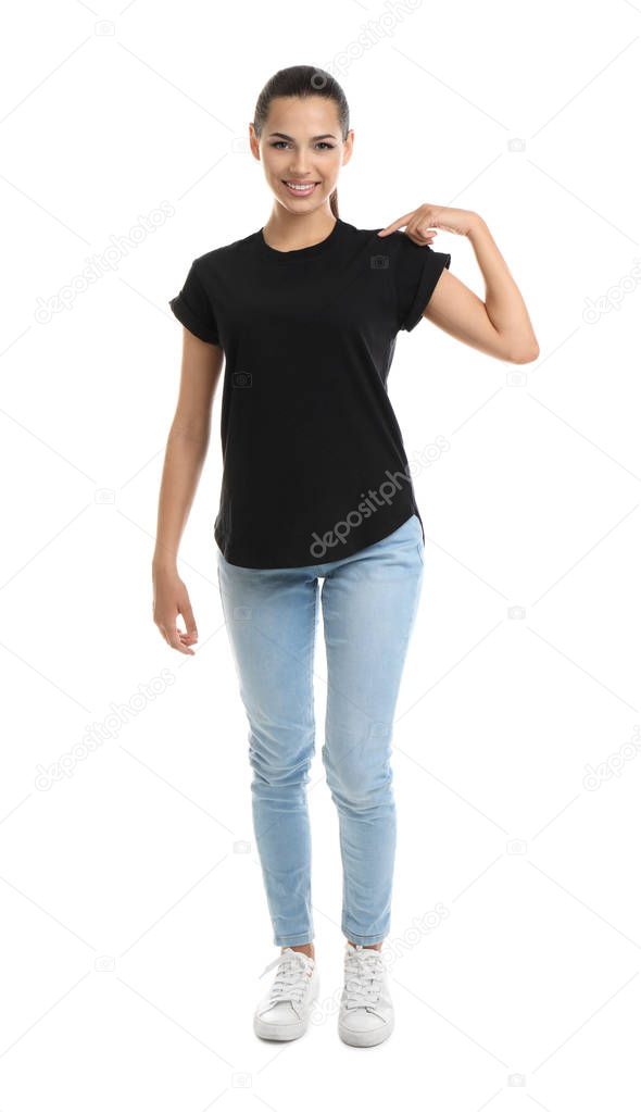 Young woman in t-shirt on white background. Mockup for design