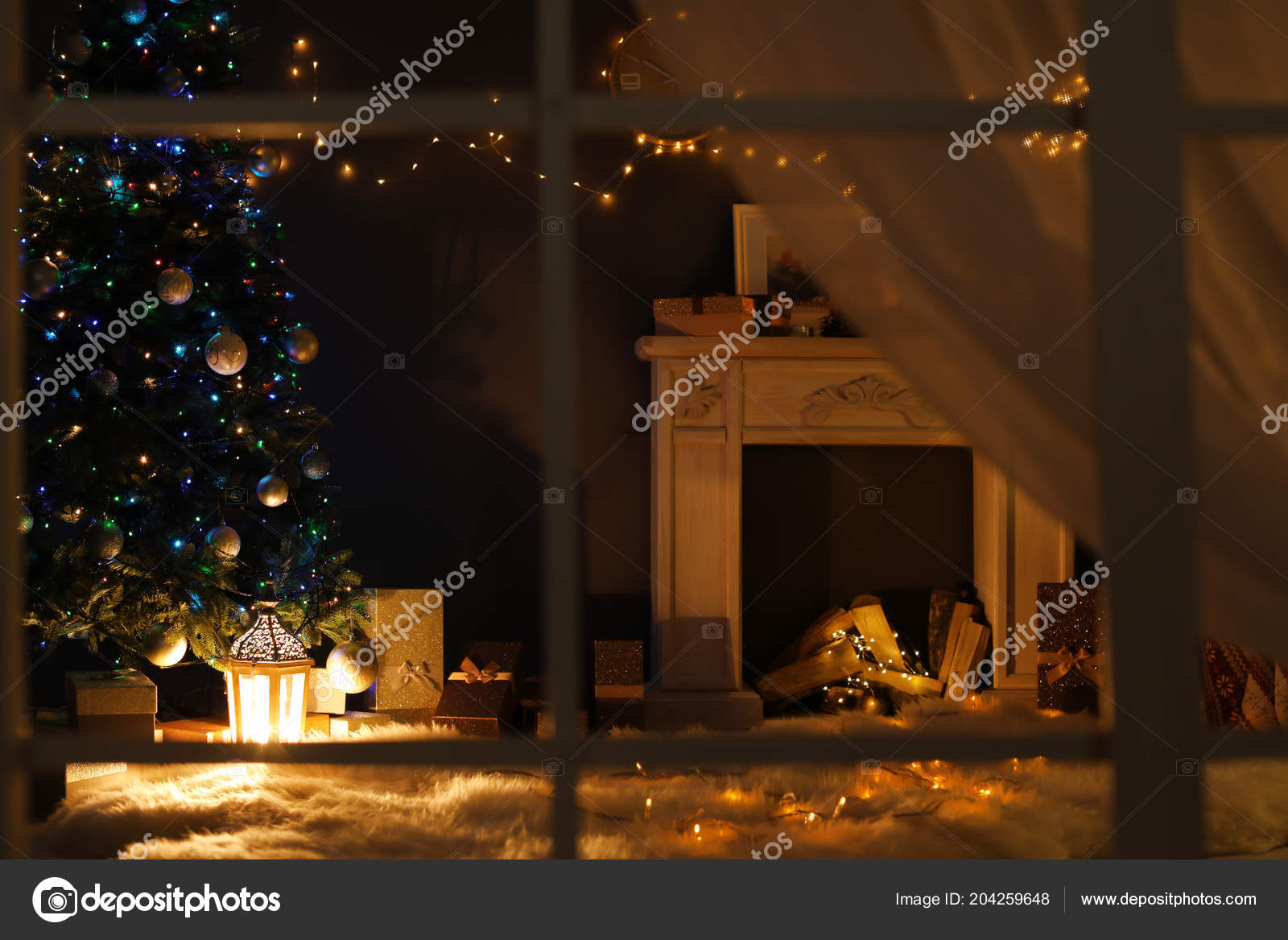 Stylish Living Room Interior Decorated Christmas Tree Fireplace