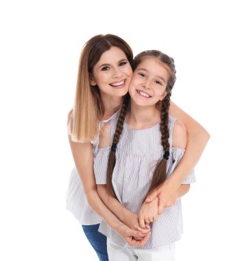 Beyaz arka plan üzerinde çocuk annesiyle. Mutlu bir aile