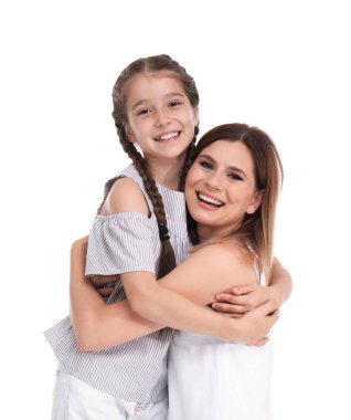 Beyaz arka plan üzerinde çocuk annesiyle. Mutlu bir aile