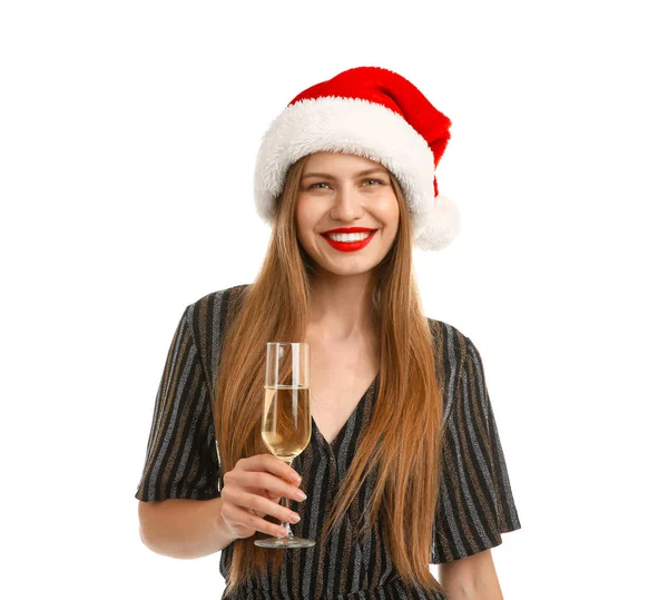 Noel Baba Şapkası Ile Şampanya Beyaz Arka Plan Üzerinde Genç — Stok fotoğraf