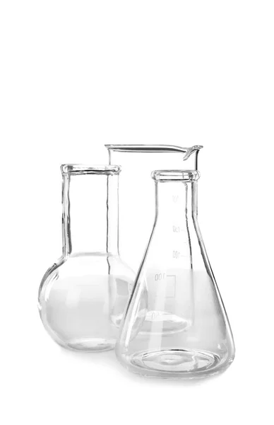 Empty Flasks White Background Laboratory Analysis Equipment — Stock Photo, Image
