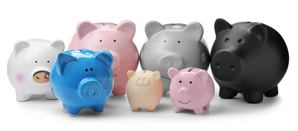 Verschillende Leuke Piggy Banks Witte Achtergrond Geld Besparing — Stockfoto