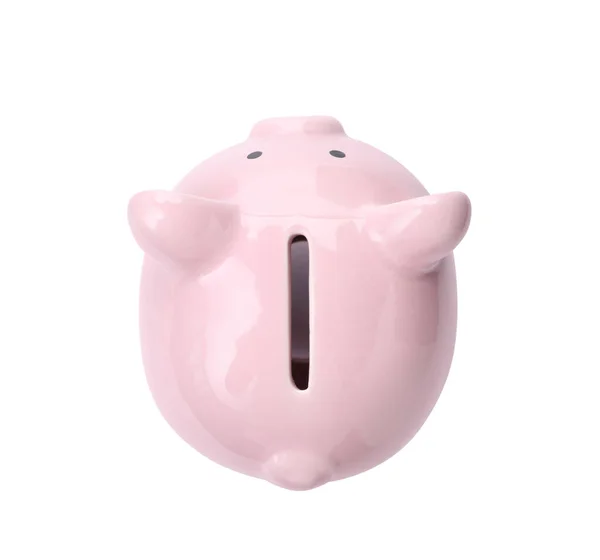 Roze Spaarvarken Witte Achtergrond Bovenaanzicht Geld Besparing — Stockfoto