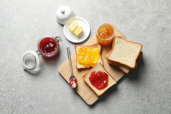Flat Lay Composition Toast Bread Jam Butter Grey Background — Stock Photo, Image