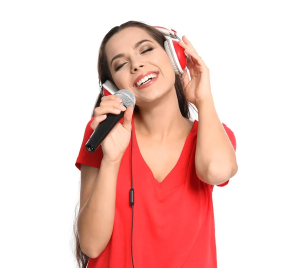 Mujer Joven Cantando Micrófono Sobre Fondo Blanco Música Navideña — Foto de Stock
