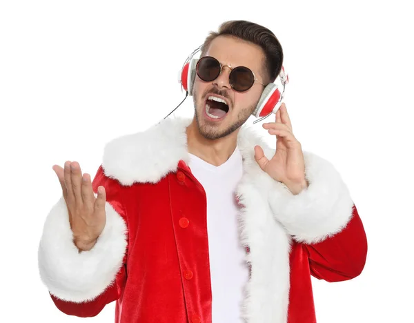 Giovane Costume Babbo Natale Che Ascolta Musica Natalizia Sfondo Bianco — Foto Stock