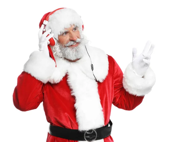Santa Claus Lyssnar Julmusik Vit Bakgrund — Stockfoto