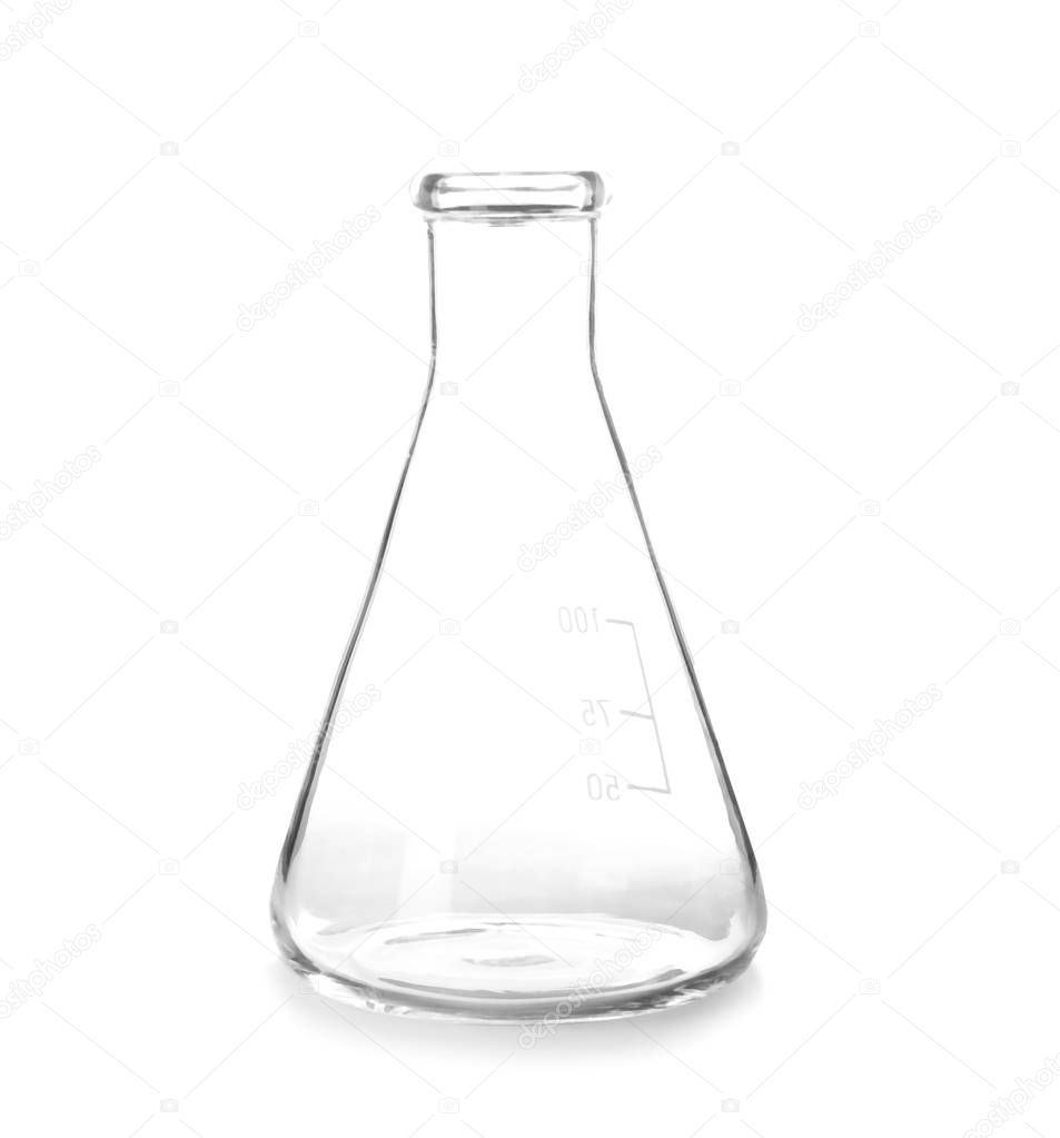 Empty flask on white background. Laboratory analysis equipment
