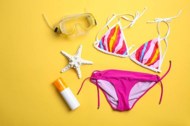 Renk arka plan üzerinde bikini ve plaj nesnelerle düz yatıyordu kompozisyon