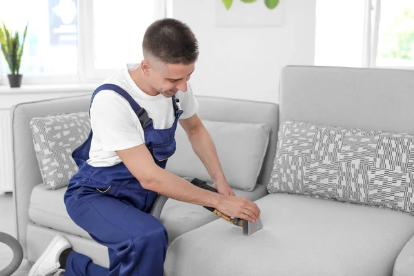 Dry Cleaning Worker Removing Dirt Sofa Indoors — Stock Photo, Image