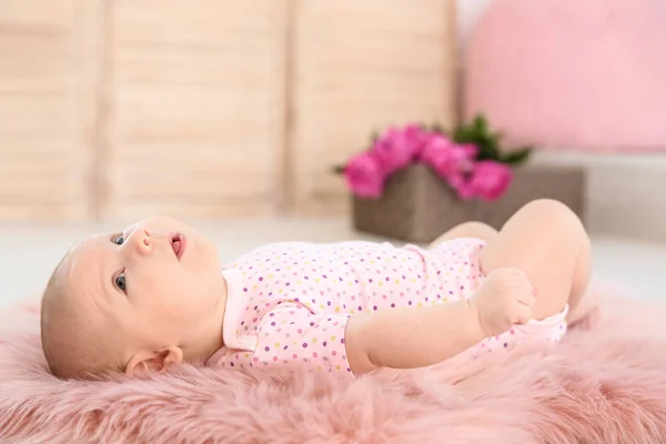 Adorable Baby Girl Lying Fluffy Rug — Stock Photo, Image