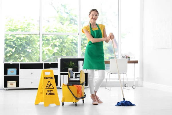 Young Woman Mop Bucket Cleaning Office — Stock Photo, Image