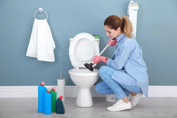 Vrouw Schoonmaken Van Pot Badkamer — Stockfoto