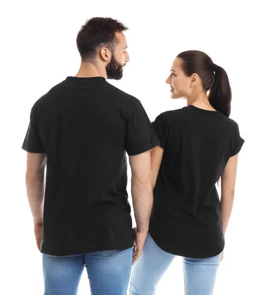 Pareja Joven Camisetas Sobre Fondo Blanco Burla Para Diseño — Foto de Stock