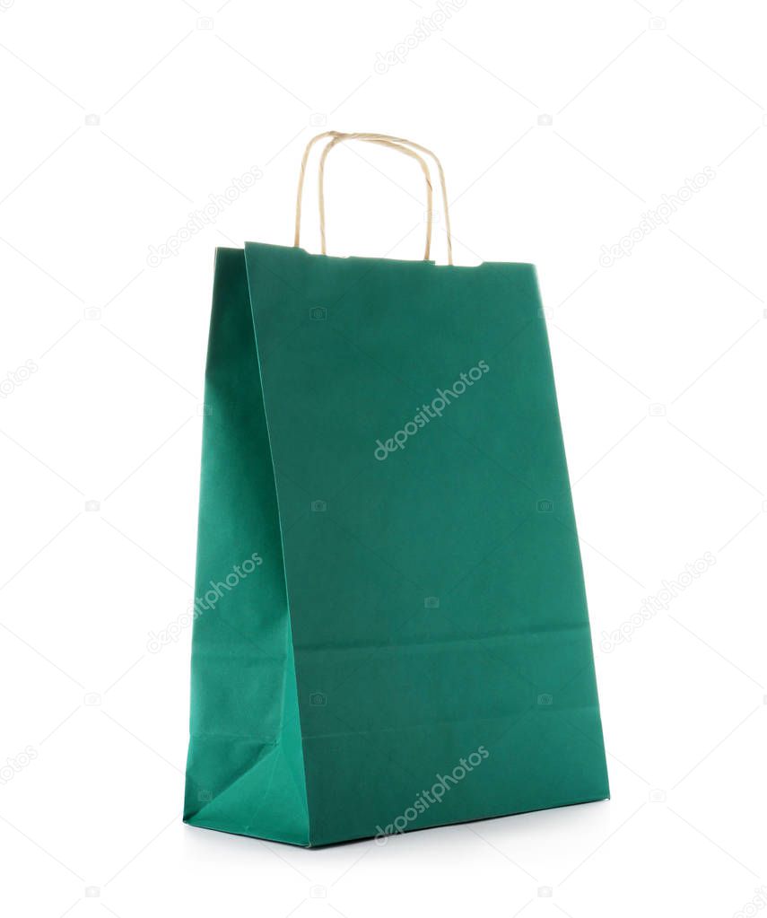 Mockup of paper shopping bag on white background