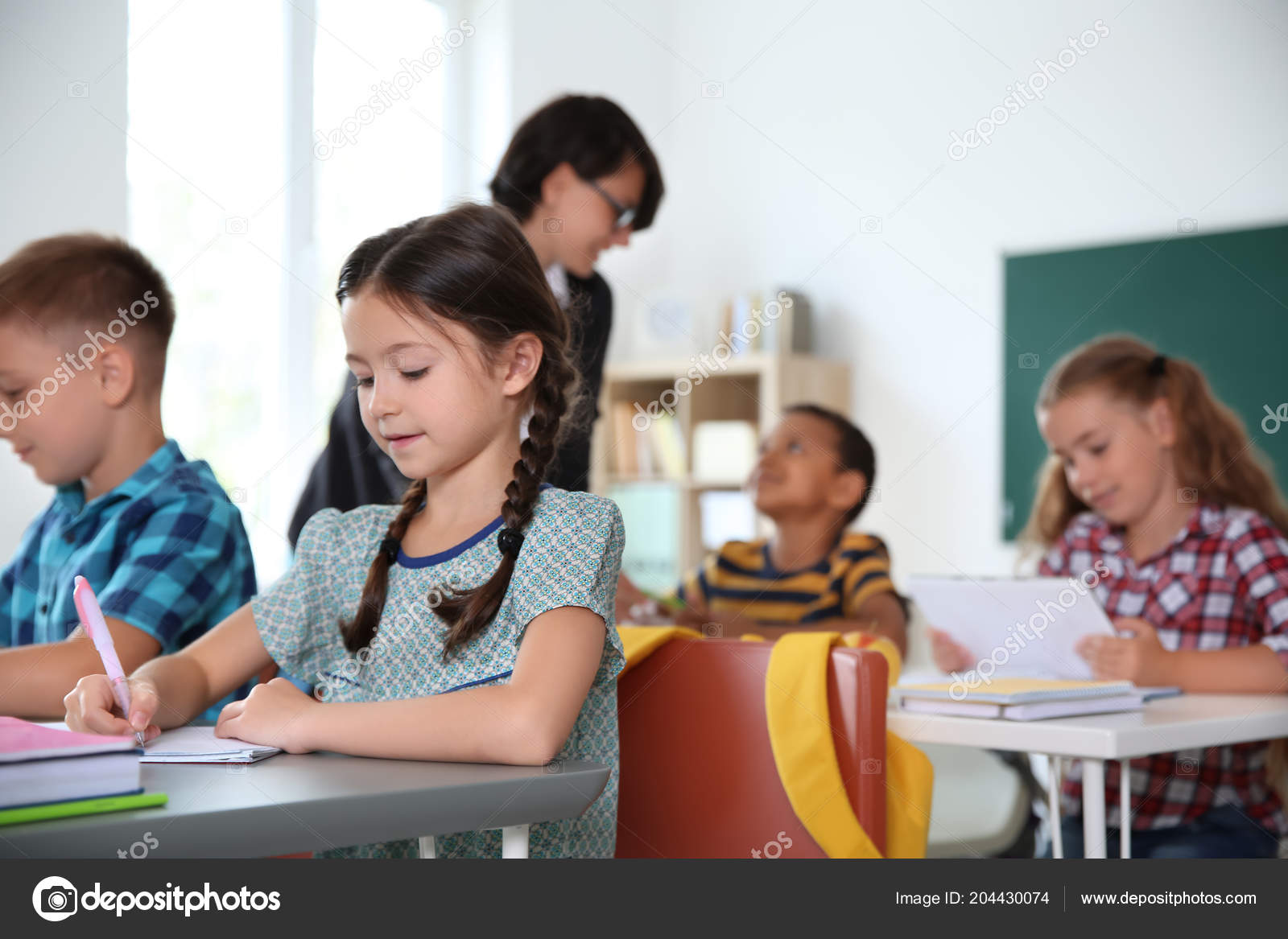 Adorable Little Children Sitting Desks Classroom Elementary School