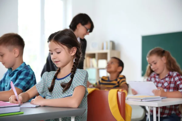 Adorable Little Children Sitting Desks Classroom Elementary School — Stock Photo, Image
