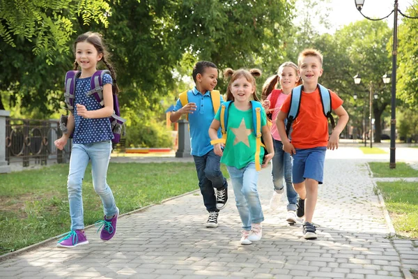 Leuke Lieve Kinderen Met Rugzakken Buiten Uitgevoerd Basisschool — Stockfoto