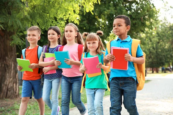 Crianças Pequenas Bonitos Com Mochilas Indo Para Escola — Fotografia de Stock