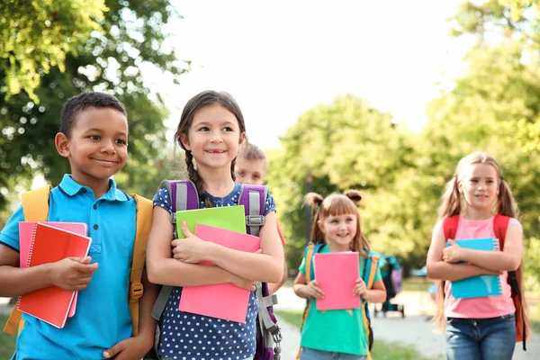 Söta Lilla Barn Med Ryggsäckar Och Anteckningsböcker Utomhus Grundskola — Stockfoto