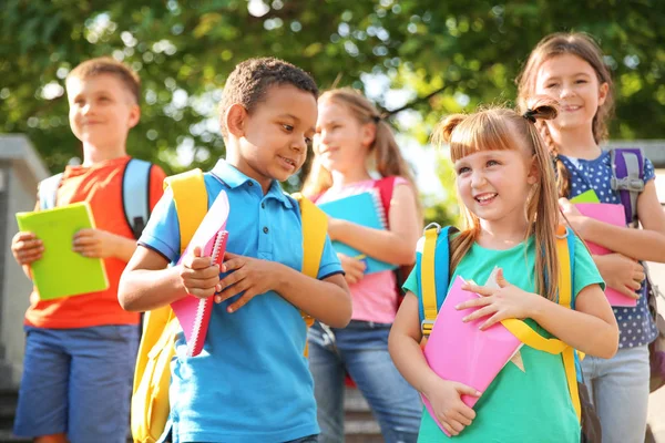 Söta Lilla Barn Med Ryggsäckar Och Anteckningsböcker Utomhus Grundskola — Stockfoto