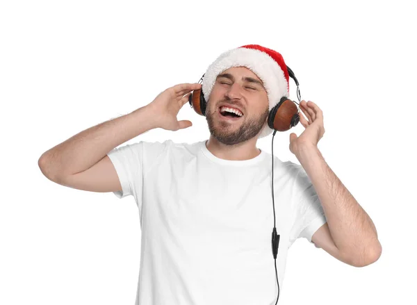 Jeune Homme Chapeau Père Noël Écoutant Musique Noël Sur Fond — Photo