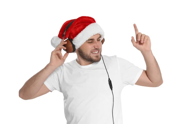 Young Man Santa Hat Listening Christmas Music White Background — Stock Photo, Image