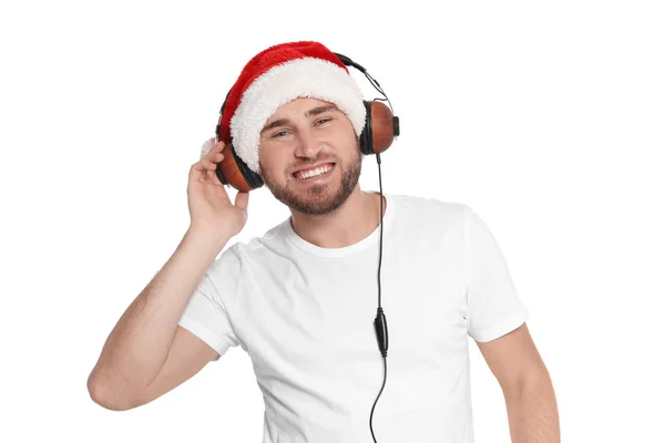 Jeune Homme Chapeau Père Noël Écoutant Musique Noël Sur Fond — Photo