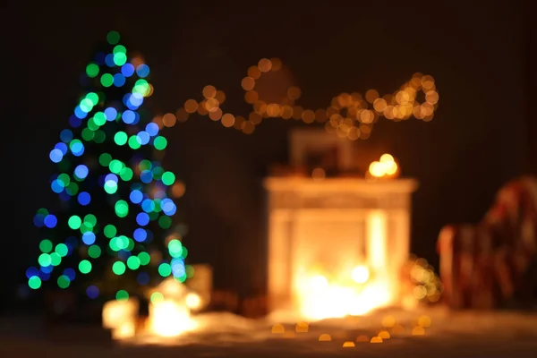 Vista Borrosa Del Elegante Interior Sala Estar Con Luces Navidad —  Fotos de Stock