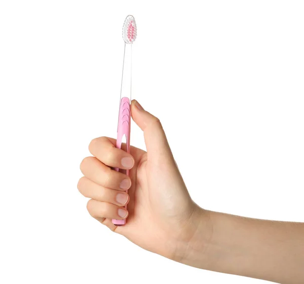 Woman Holding Manual Toothbrush White Background — Stock Photo, Image