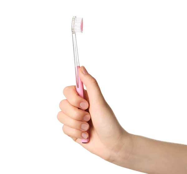 Mujer Sosteniendo Cepillo Dientes Manual Sobre Fondo Blanco — Foto de Stock