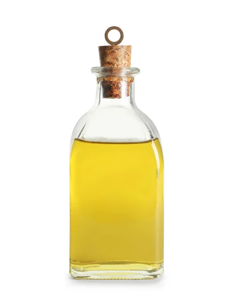 Glasflaska Med Färsk Olivolja Vit Bakgrund — Stockfoto