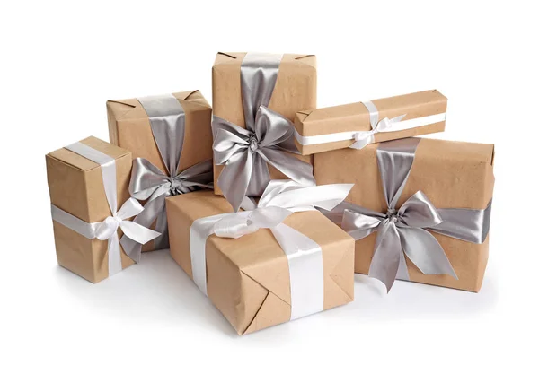 Beautifully Wrapped Gift Boxes White Background — Stock Photo, Image