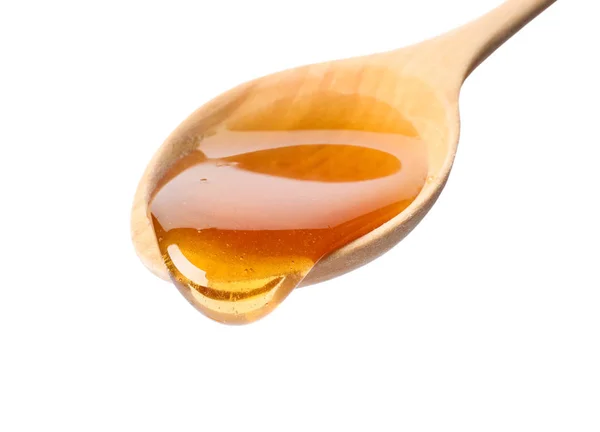 Μέλι Στάζει Από Κουτάλι Λευκό Φόντο — Φωτογραφία Αρχείου