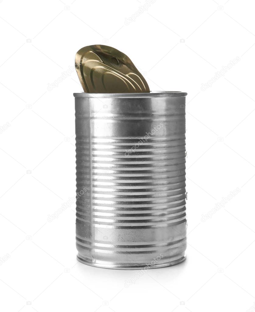 Open aluminum food can on white background. Metal waste recycling