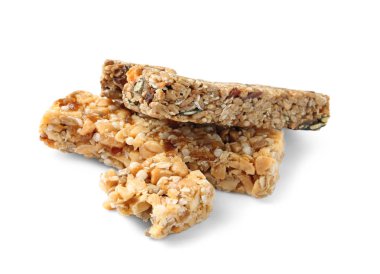 Tahıl gevreği barlar beyaz arka plan üzerinde. Sağlıklı snack