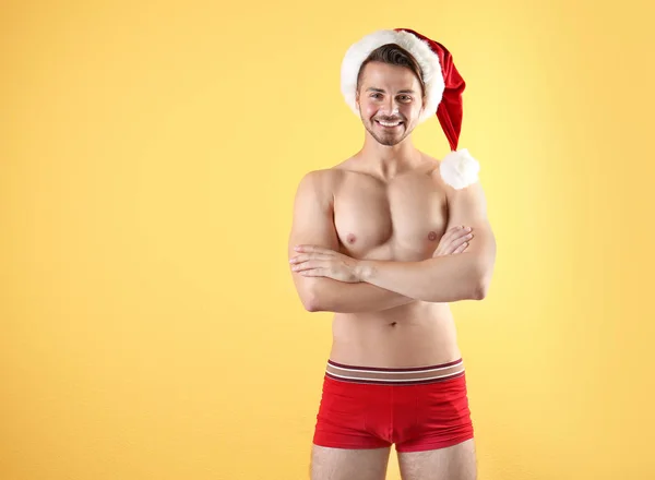 Shirtless Young Santa Claus Sexy Body Color Background — Stock Photo, Image