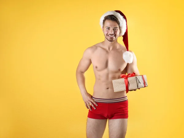 Shirtless Sexy Young Santa Claus Gift Color Background — Stock Photo, Image